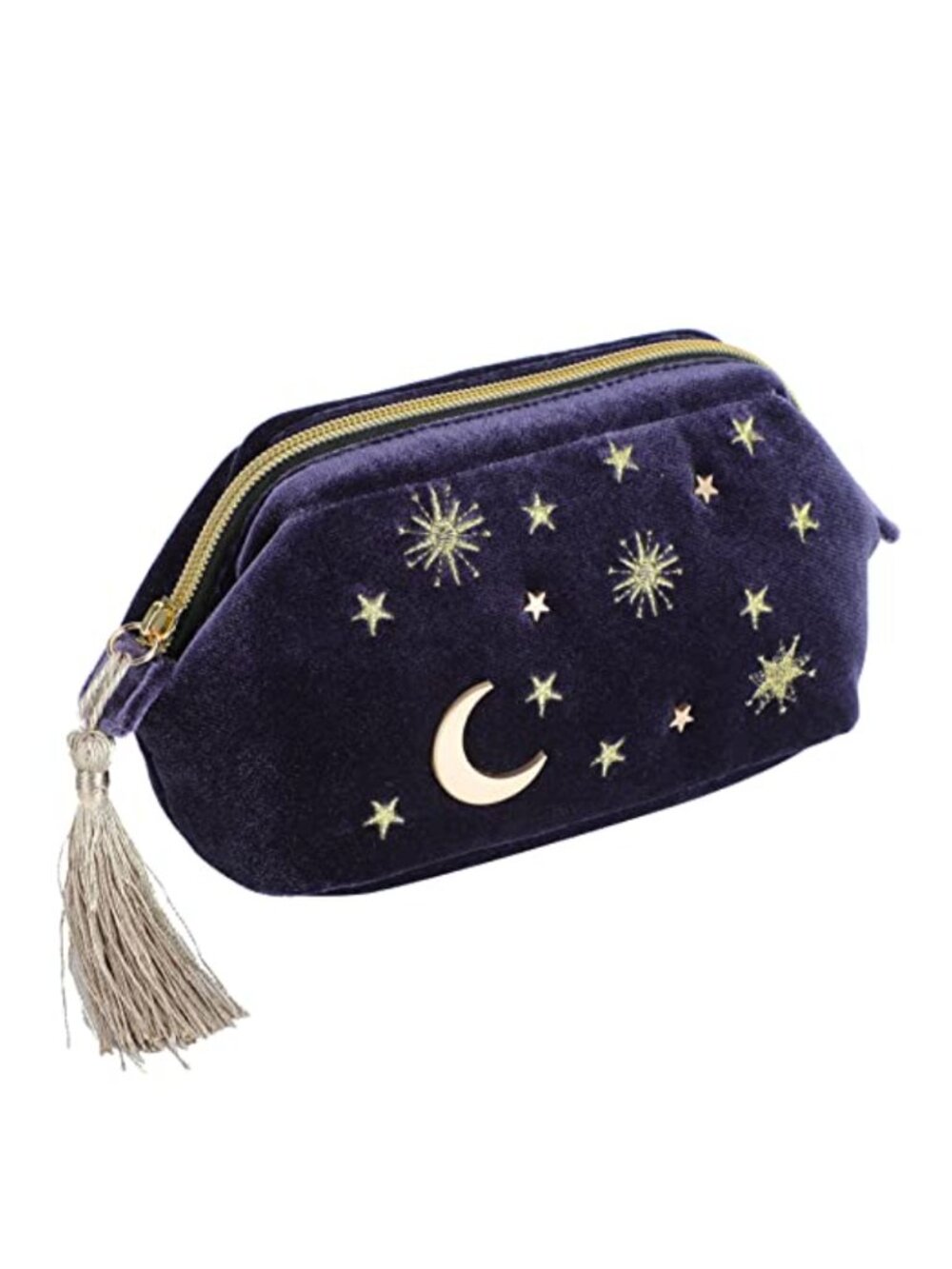 Velvet Embroidered Applique Cosmetic Bag Moon Stars Sun Tassel Pearl Zipper